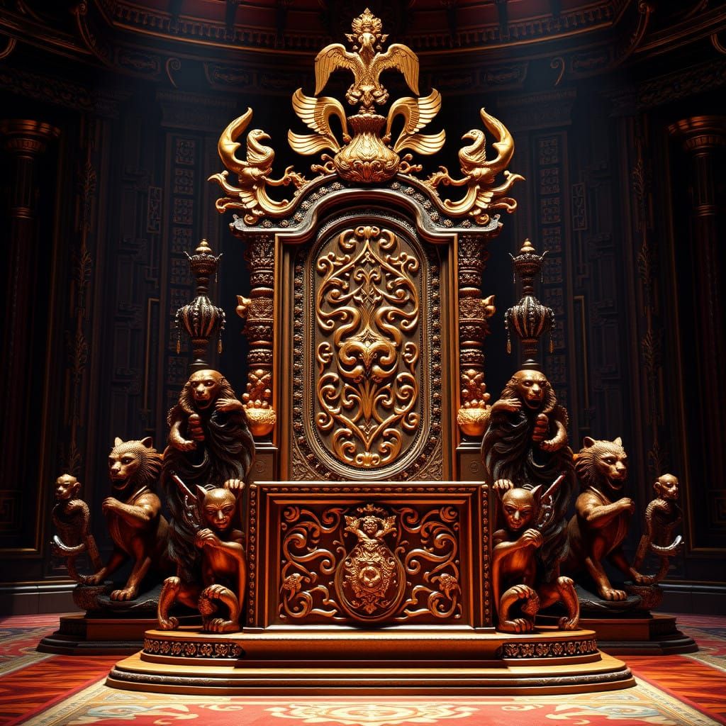 Majestic Throne in Exotic Wood, Ornate with Mythical Creatur...