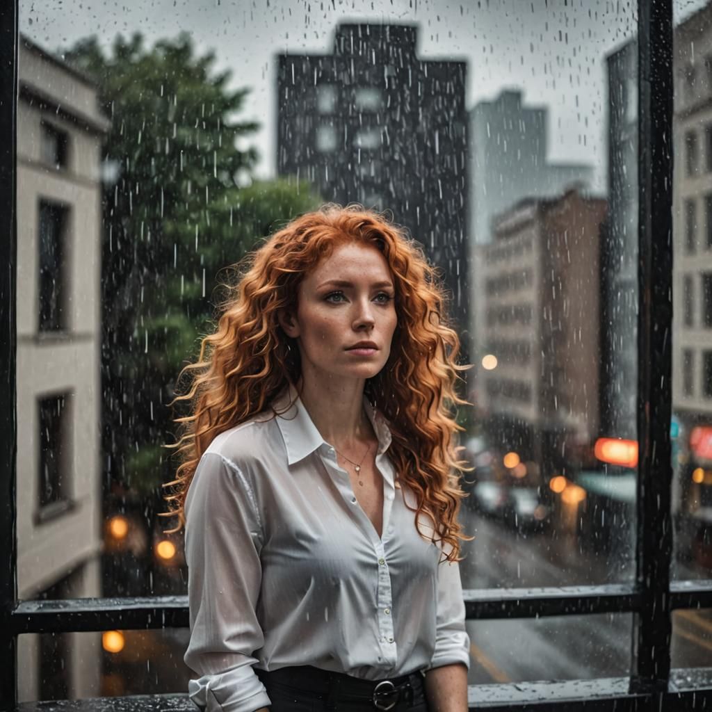 Contemplative Redhead Gazing out at Pouring Rain