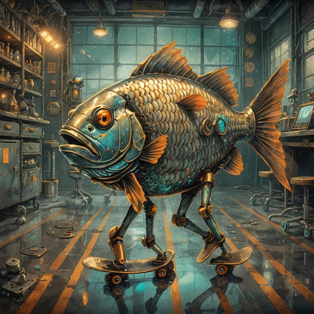 Fish on Roller Skates in Steampunk Lab