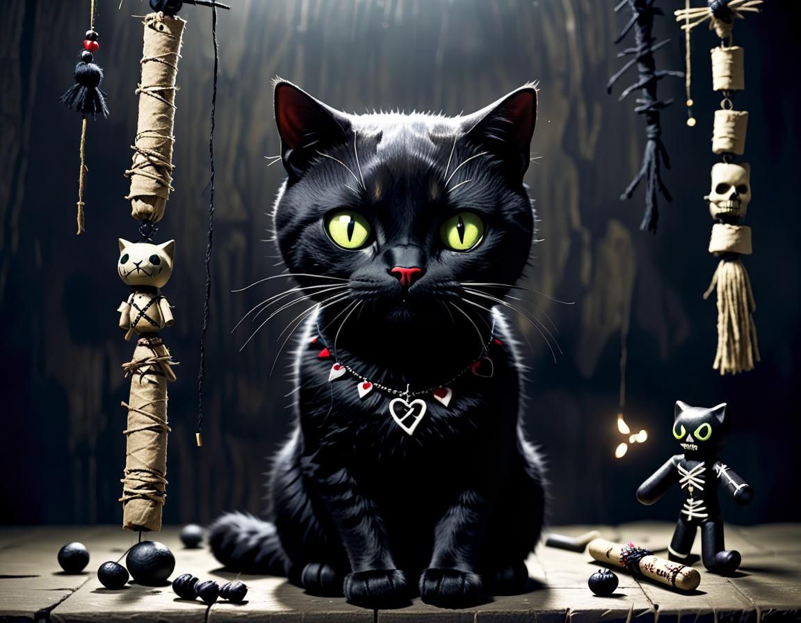 Superstitious Woman with Black Cats and Voodoo Dolls