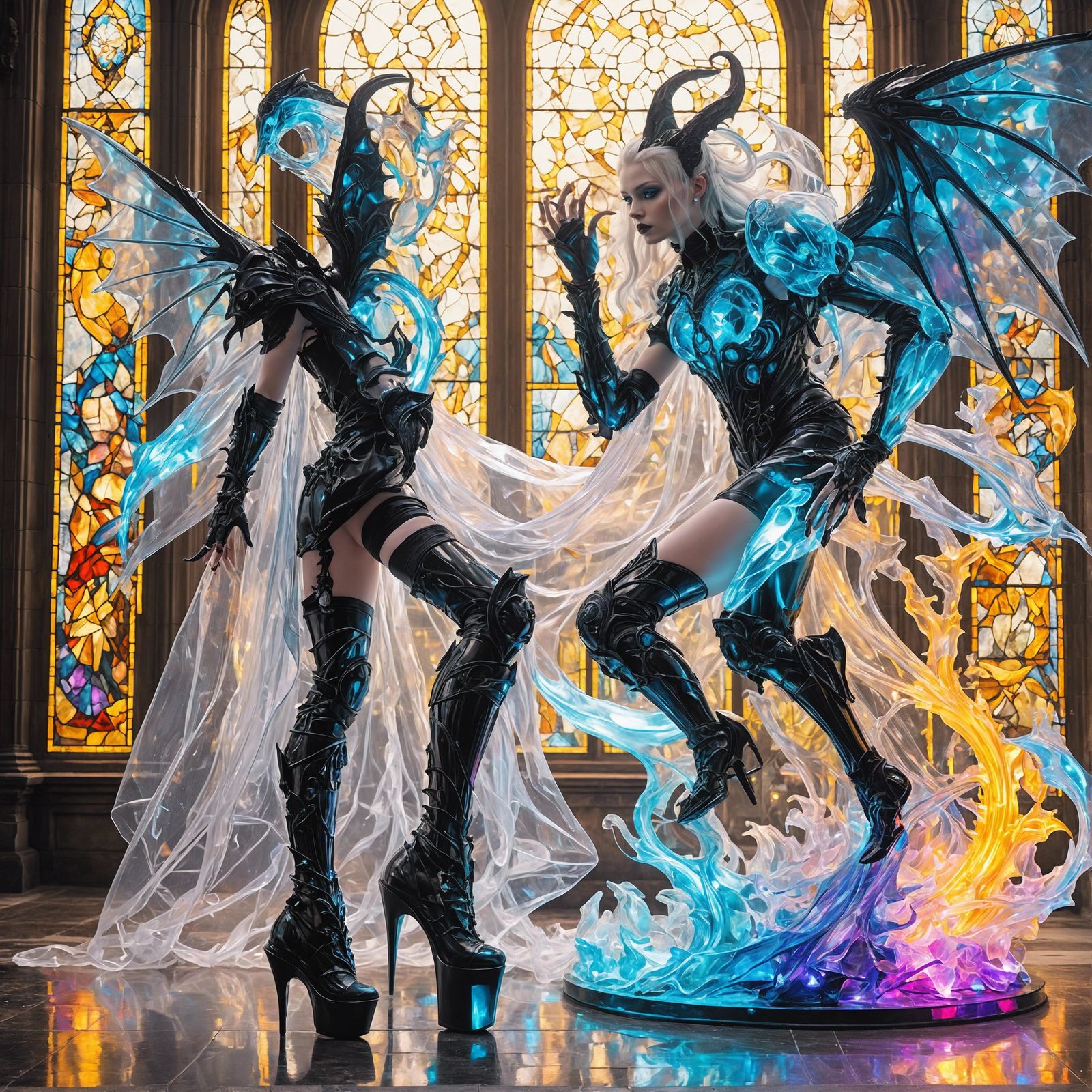 Cybergoth Figure with Bioluminescent Gargoyle, Surrealist Ar...