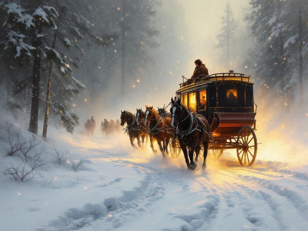 Stagecoach in Snowstorm, Impressionist Style