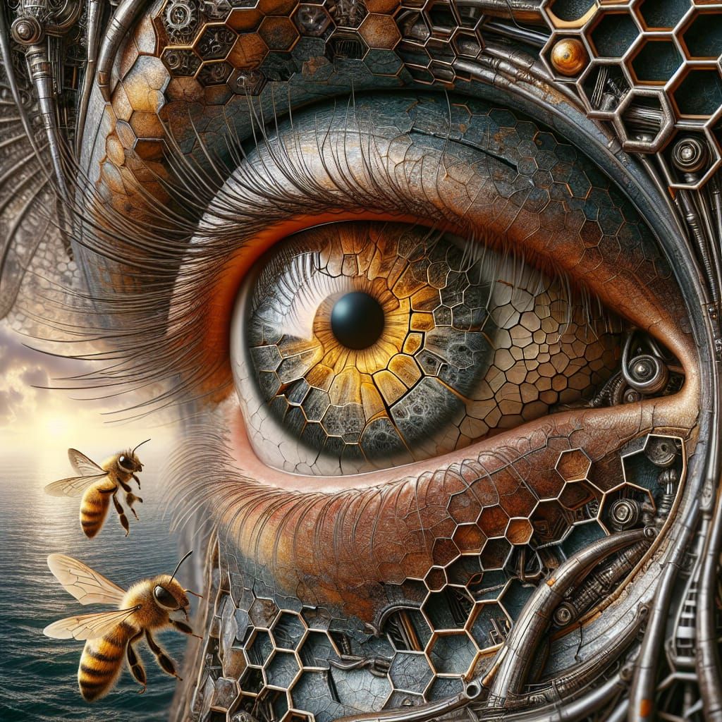 Surreal Eye Portrait in Steampunk Honeycomb Realism