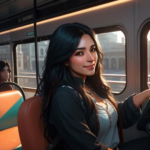 Beautiful Mexican Girl on Bus in Hyperdetailed Style