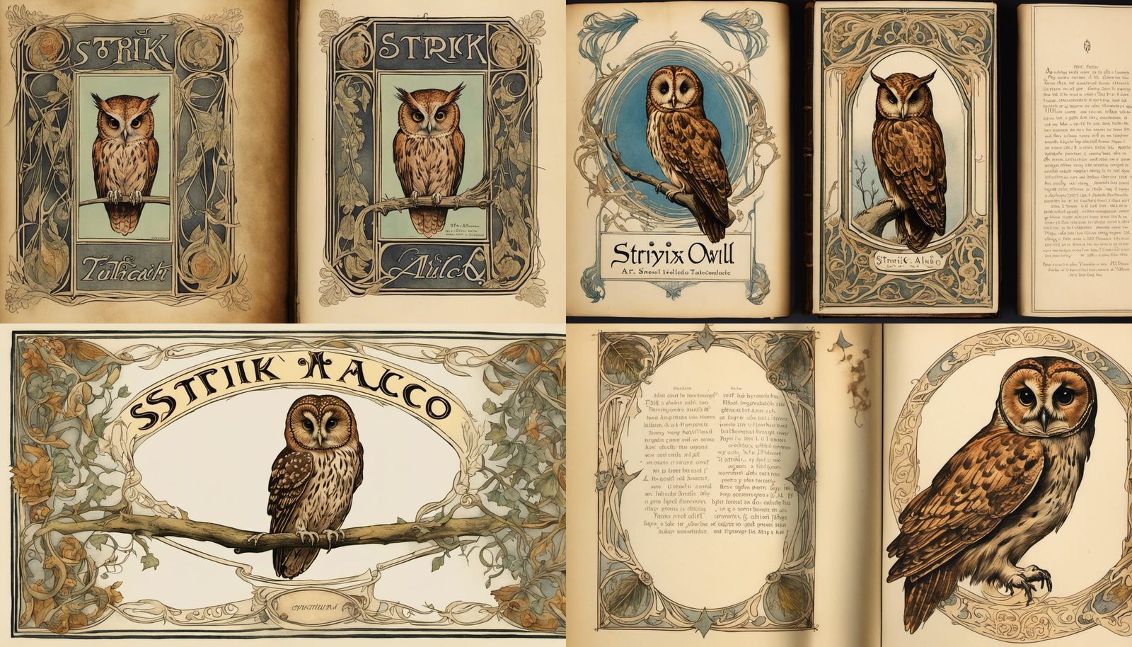 1900's Art Nouveau style book of Witchcraft, center spread facing up with bold headline text "Strix Aluco" Tawny Owl ill...