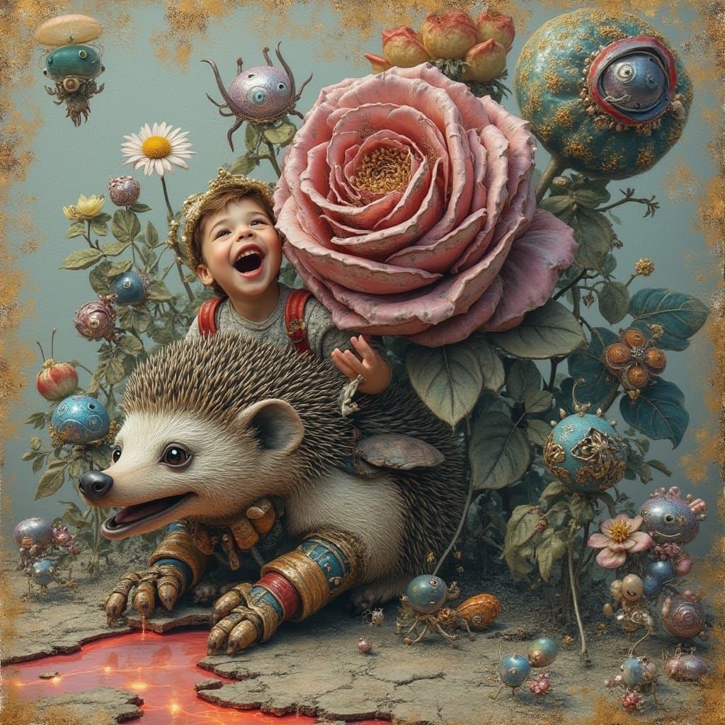 Kid with Metallic Roses in Surreal Landscape