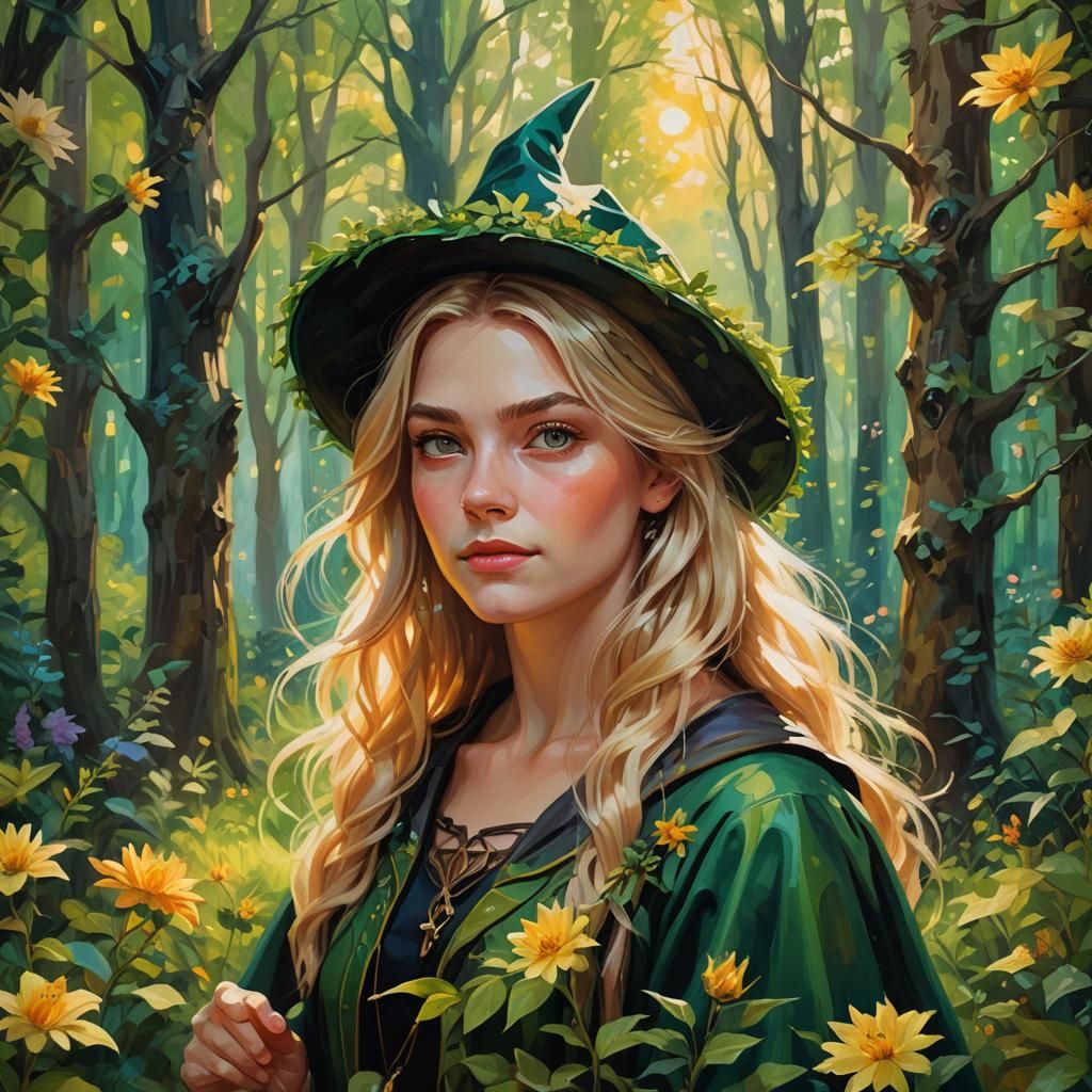 Blond Witch in Forest, Janet Fish Style Oil Painting