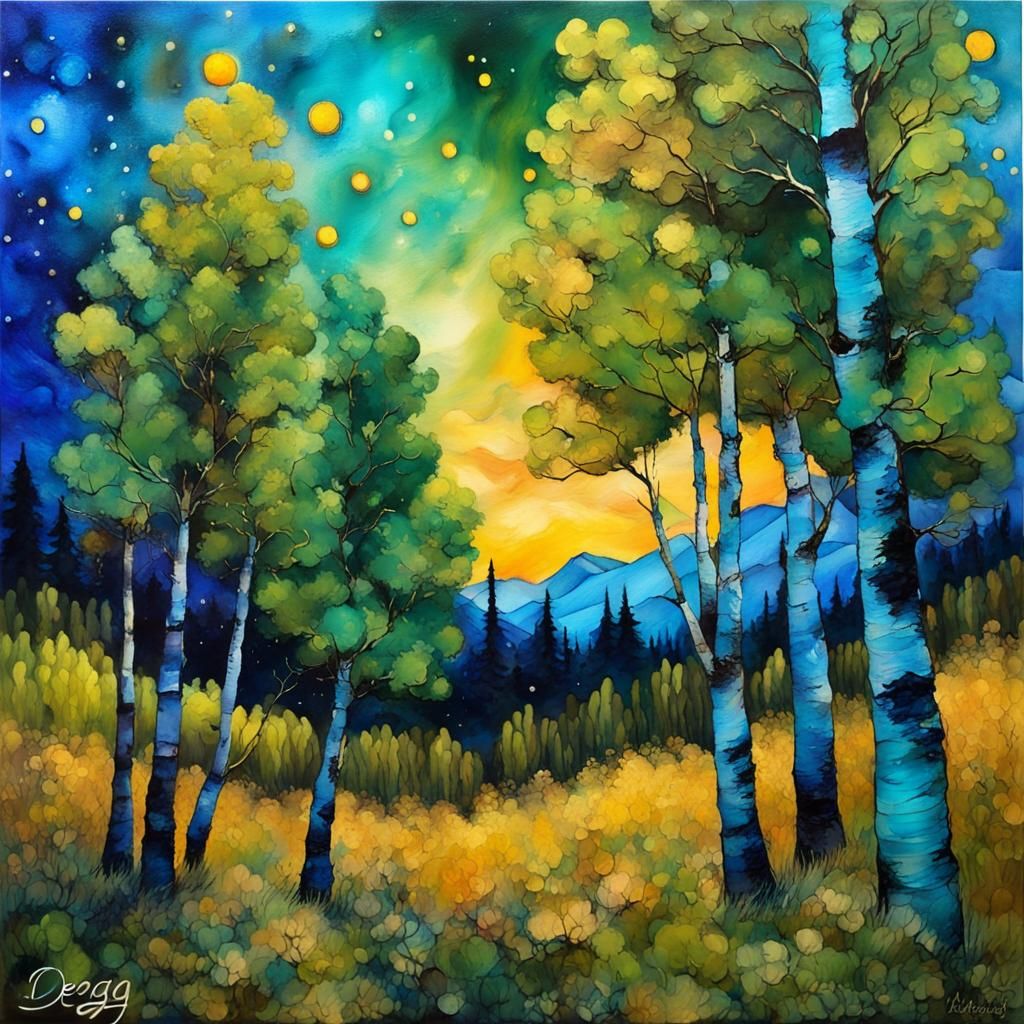 Expressionist Aspen Forest in Twilight, Ink Art