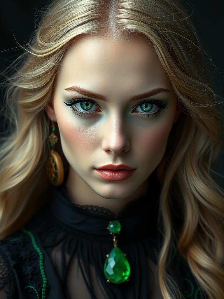 Glowing Emerald Goddess in Art Nouveau Gothic Style