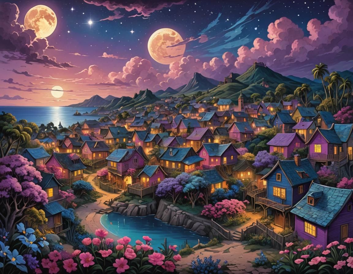 Caribbean Village Under Supermoon in Gustave Doré Style