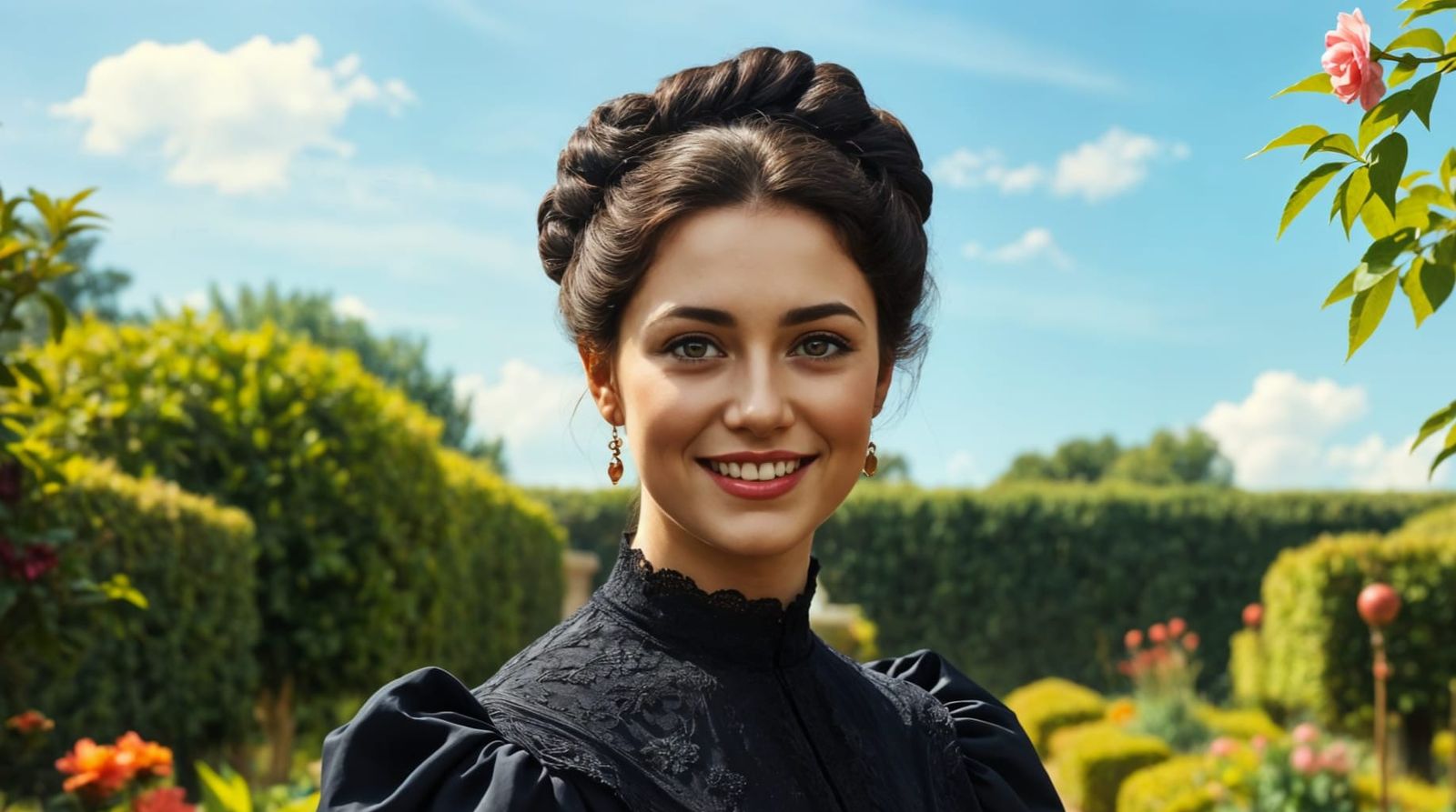 Elegant Woman in Lush Garden, 1880s Style Oil Painting