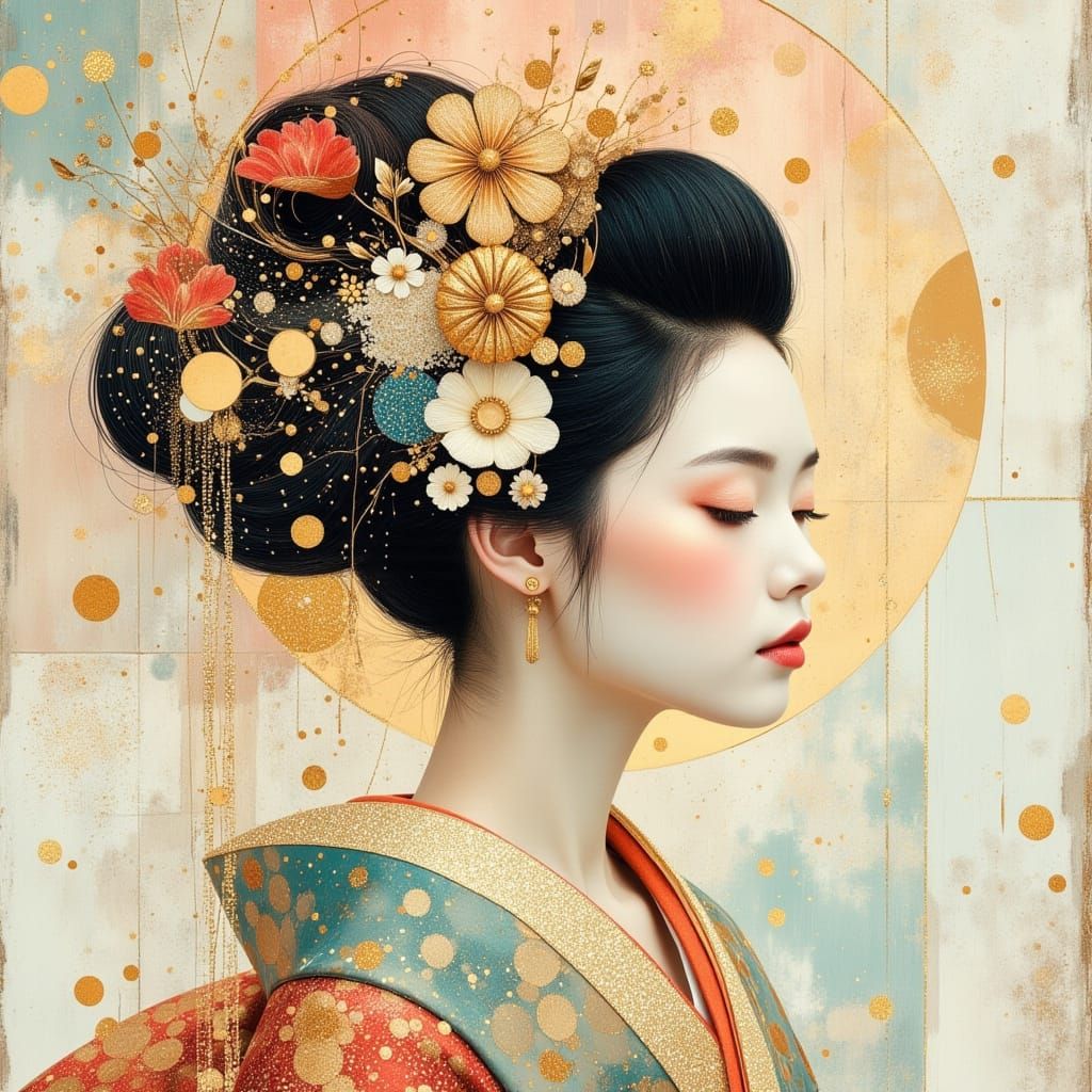 Futuristic Geisha Portrait With Geometric Patterns