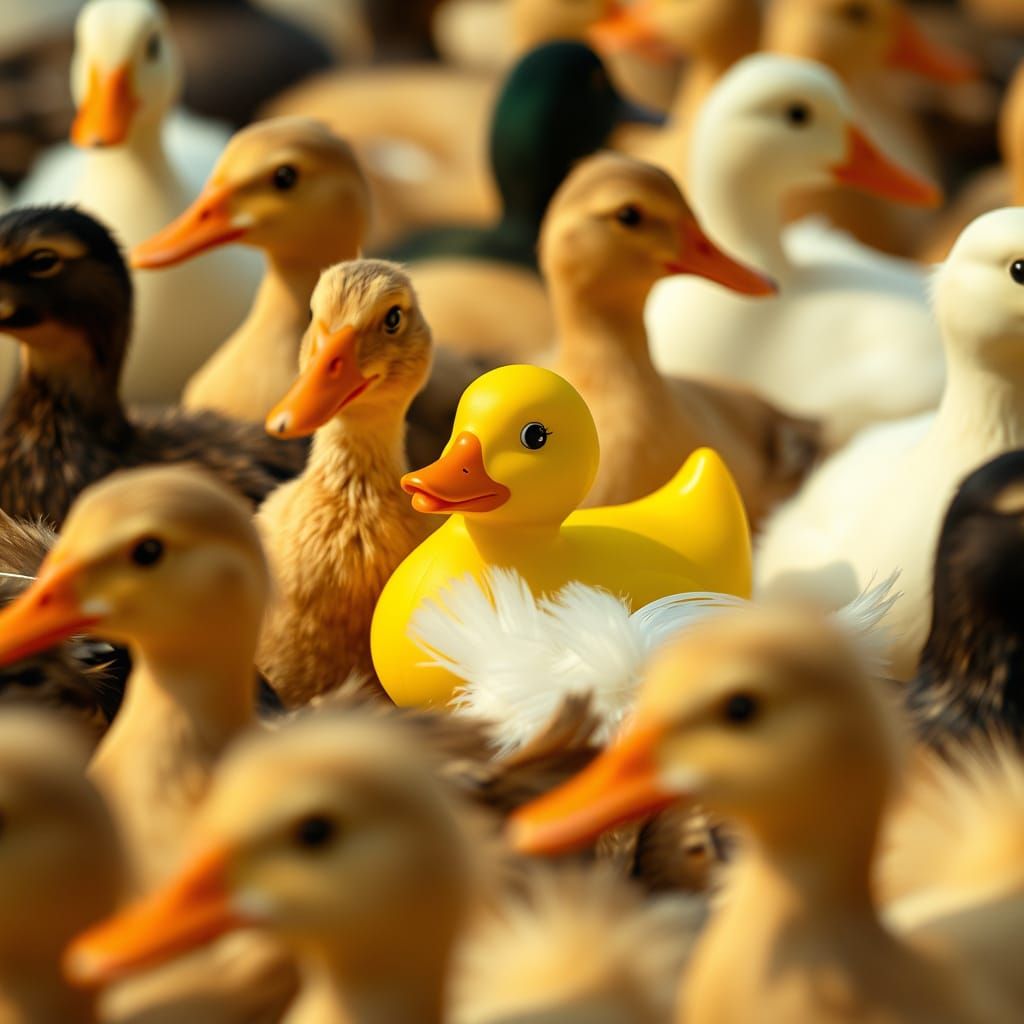 Rubber Duck Infiltrates Flock of Real Ducks in Whimsical Sce...