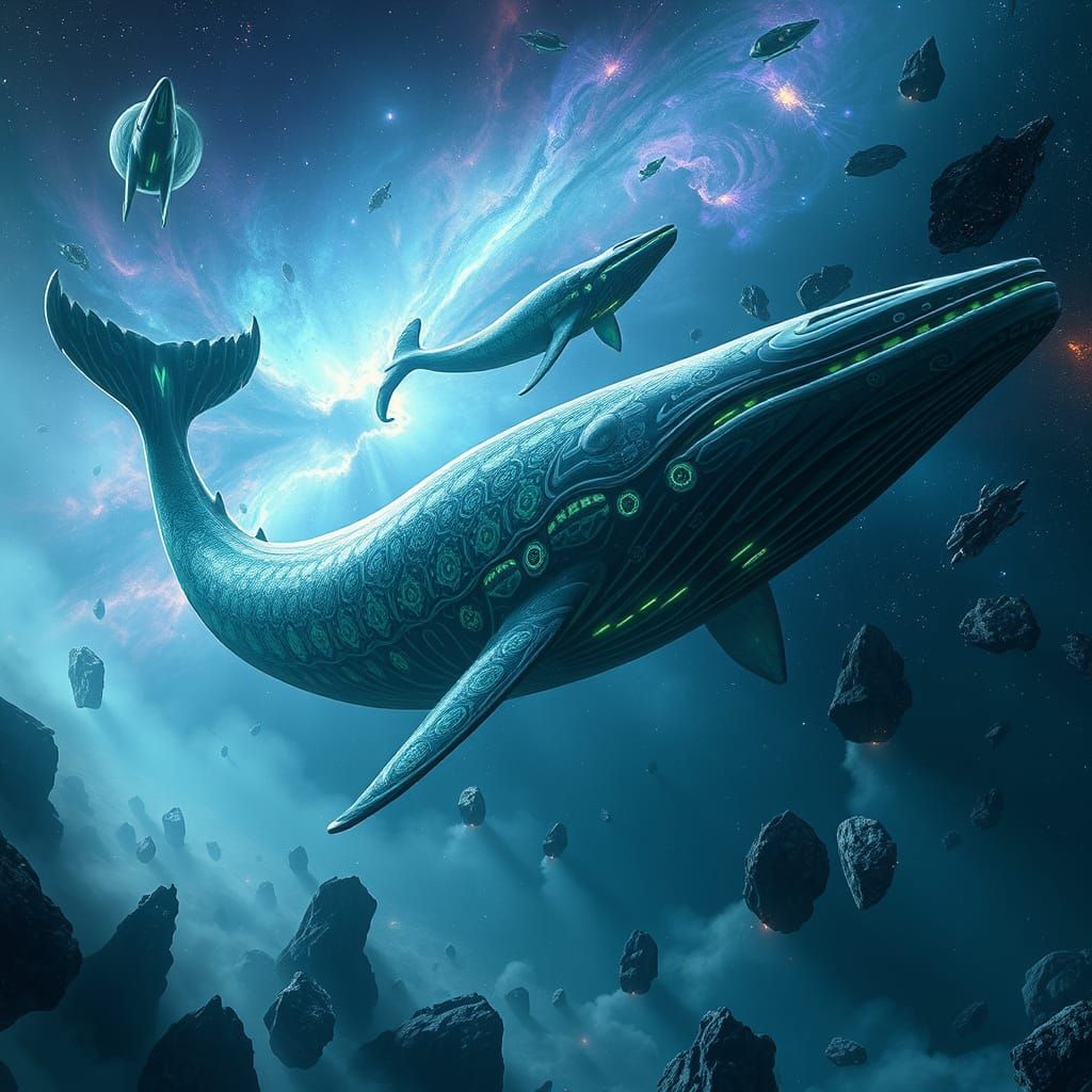 Bioluminescent Space Whales Drifting Through Nebula