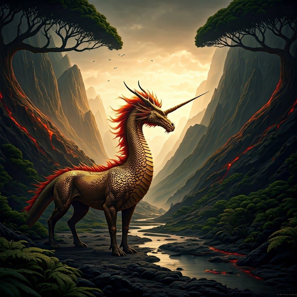 Majestic Dragon Unicorn in a Lush Volcanic Valley
