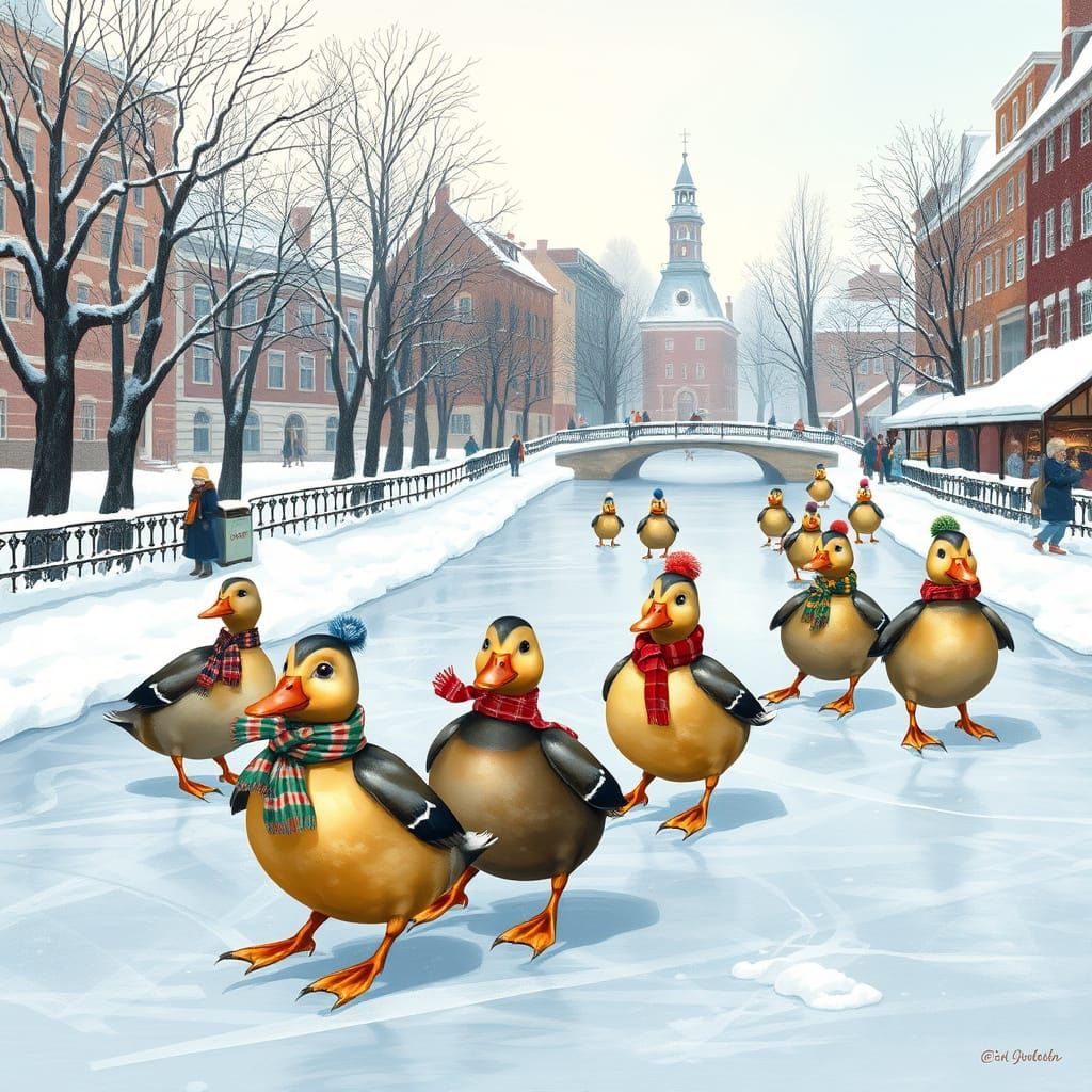 Ducks Ice Skating in Winter Outfits
