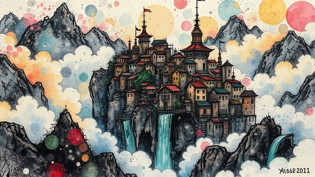 Cascading Cloud Village: Ink Splatter Steampunk Art