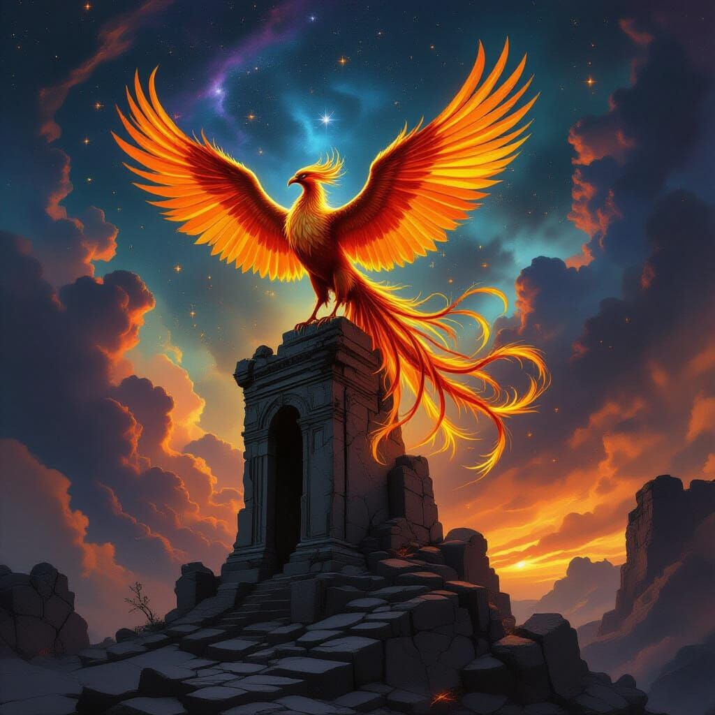 Majestic Phoenix of Gold and Fire on Ancient Ruins
