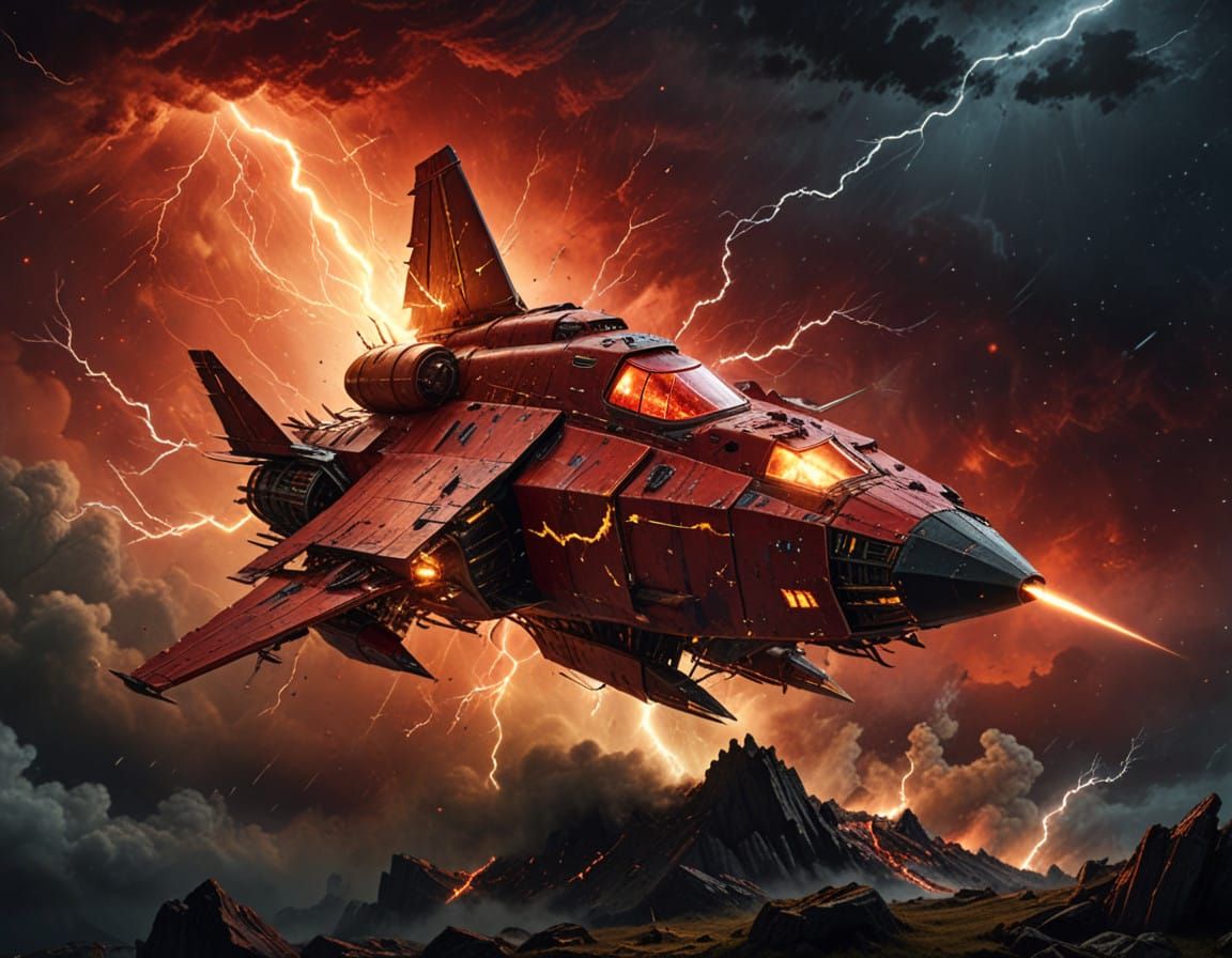 Cosmic Storm: Space Ship Engulfed in Red Lightning