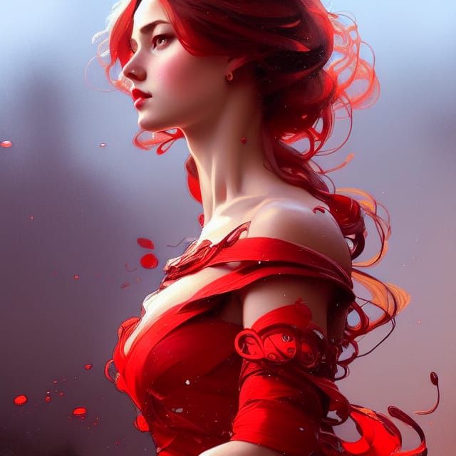 Elegant Woman in Red Dress: Hyperdetailed Art Nouveau Portra...