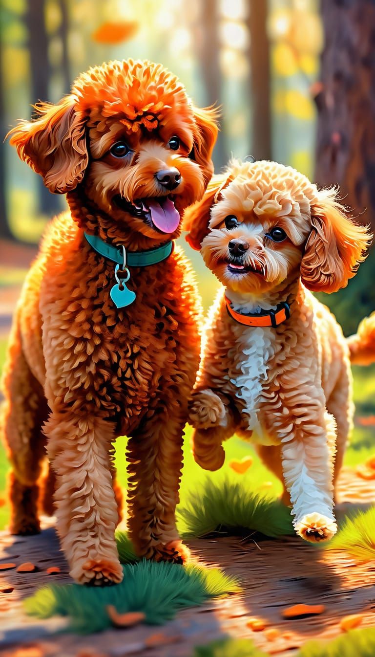 Playful Poodle and Cat in Sunny Woodland: Impressionist Styl...