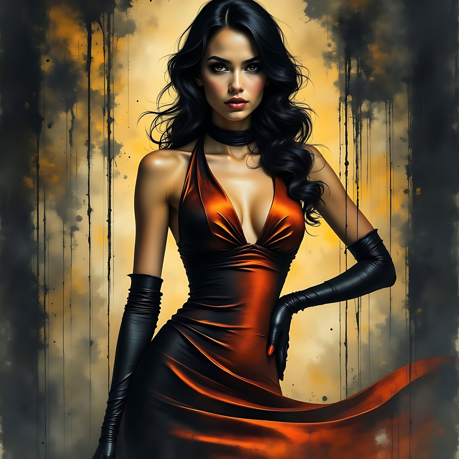 Sultry Portrait in Moody, Ink-Inspired Style