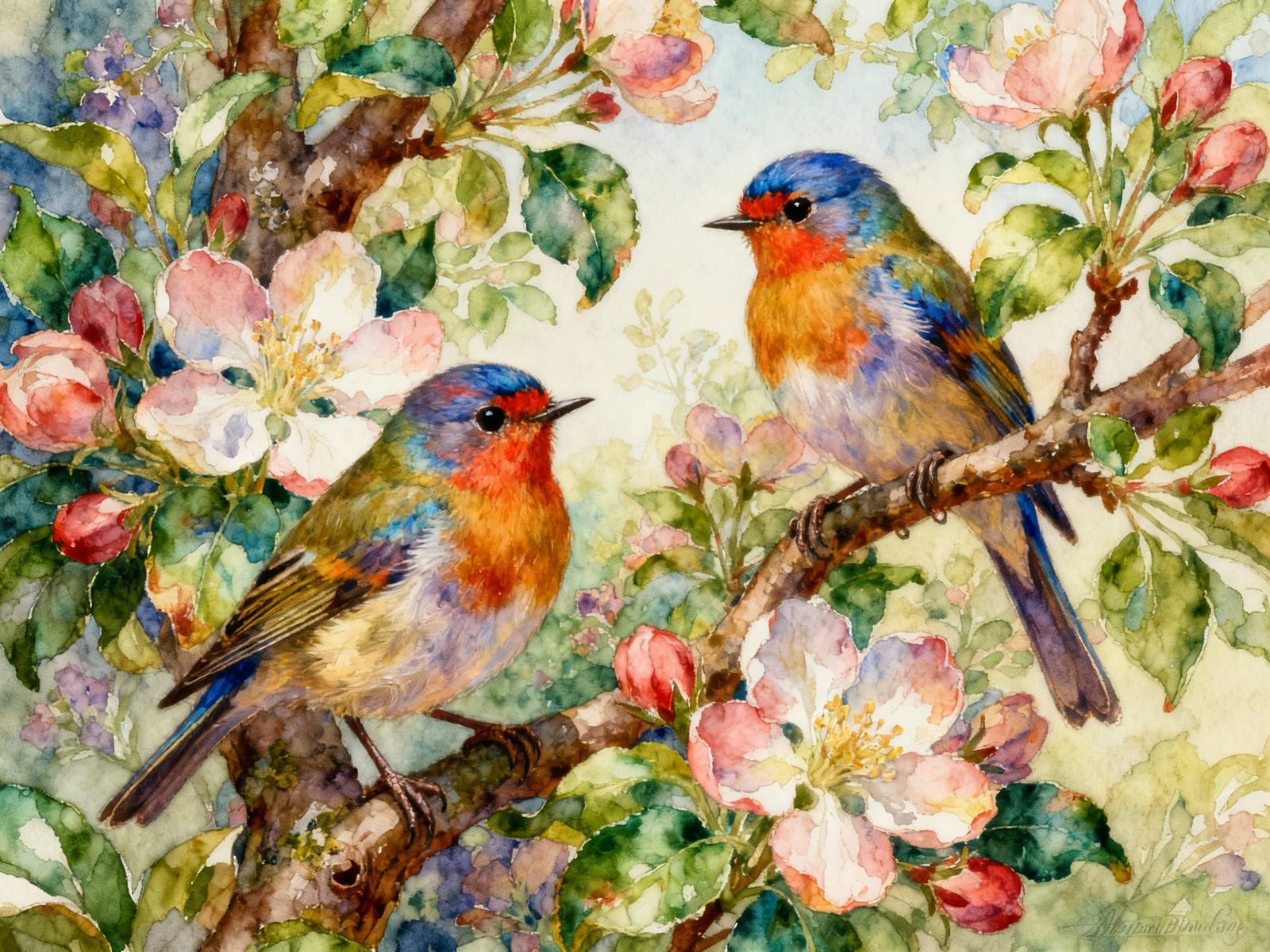 Colorful Watercolor Birds on Flowering Tree in Fantasy Style
