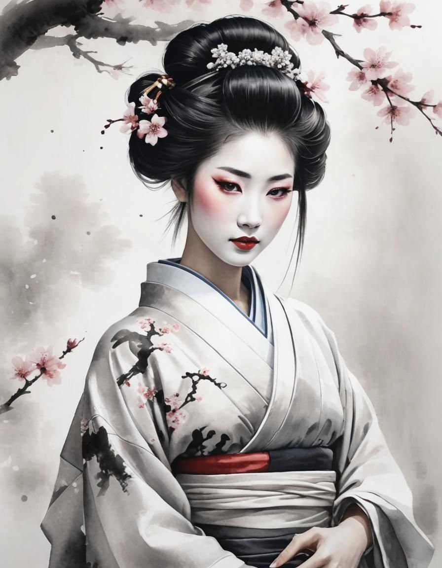 Elegant Geisha in Chinese Ink Painting Style