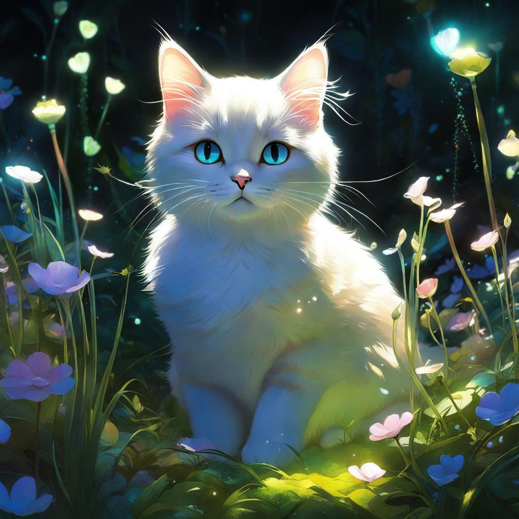 Cute Obese Cat in Bioluminescent Garden, Digital Art