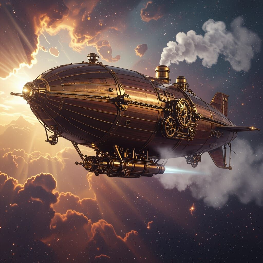 Steampunk Airship Sails Through Nebula Sky