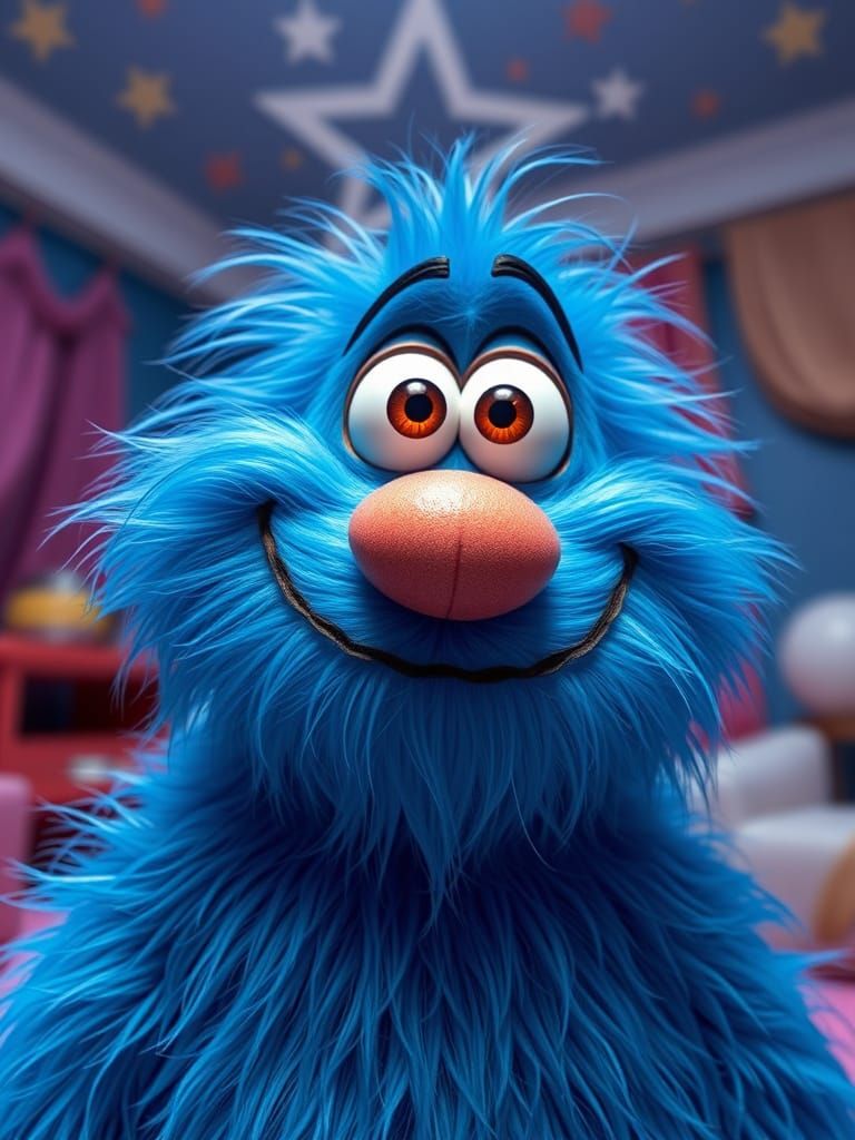 Quirky Blue Creature in a Starry Room