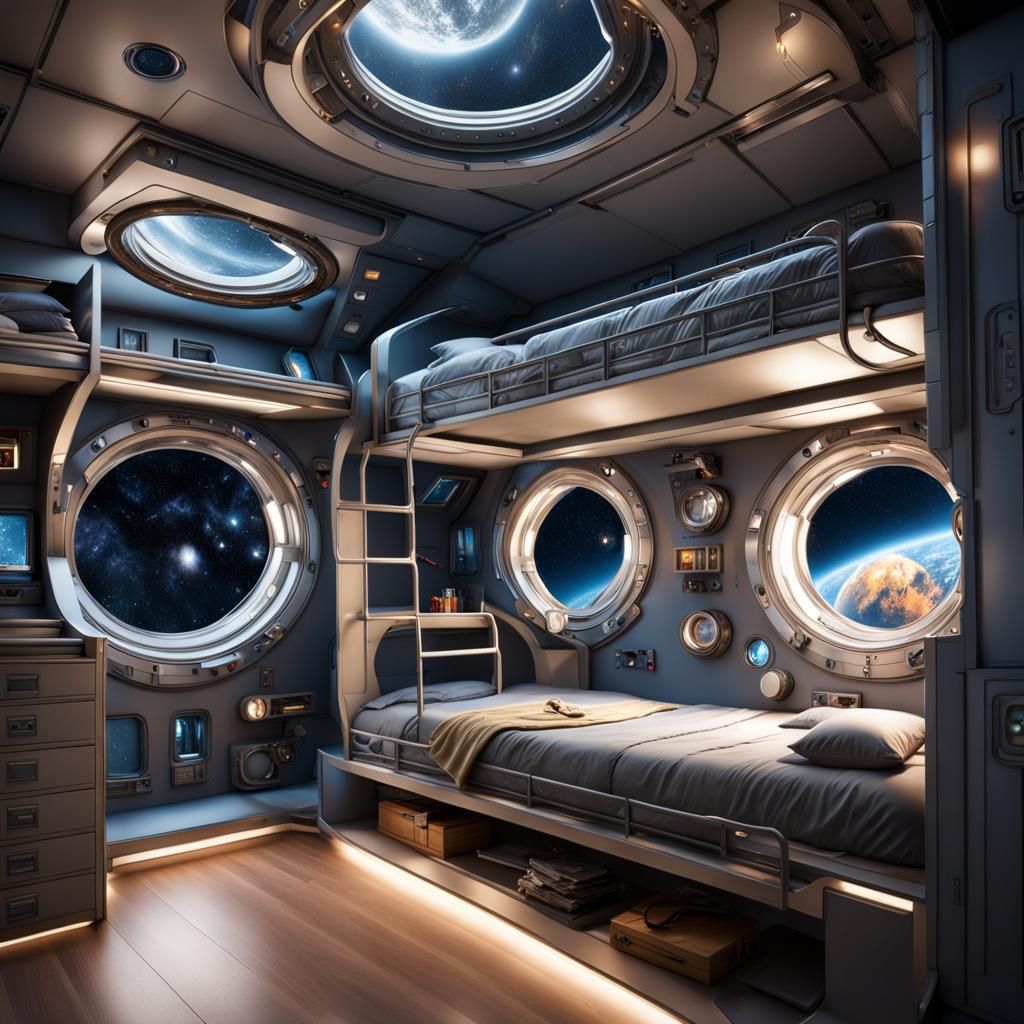 Hyperrealistic Spaceship Bedroom with Galactic View