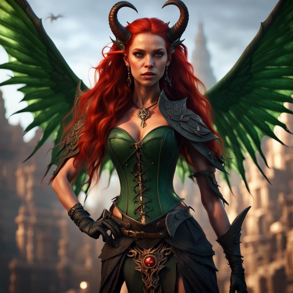 Fantasy Tiefling with Wings in Detailed Matte Painting