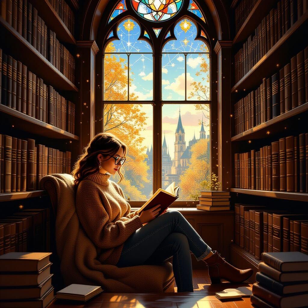 Woman Reading in a Cozy Vintage Library