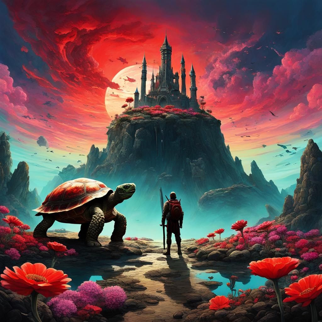 Surreal Landscape with Sword-Wielding Figure and Red Sky