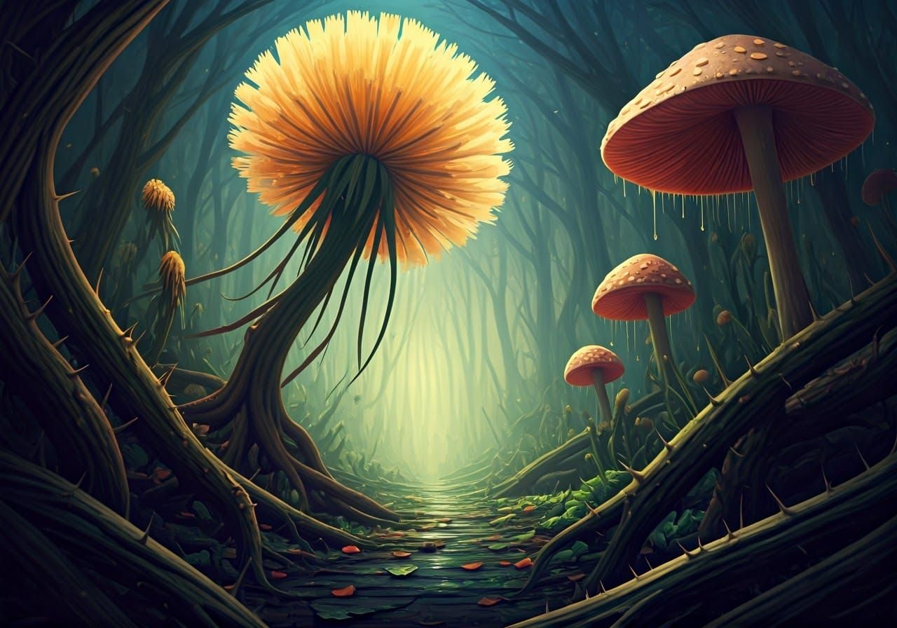Giant Dandelion Flowers in a Mutated Forest