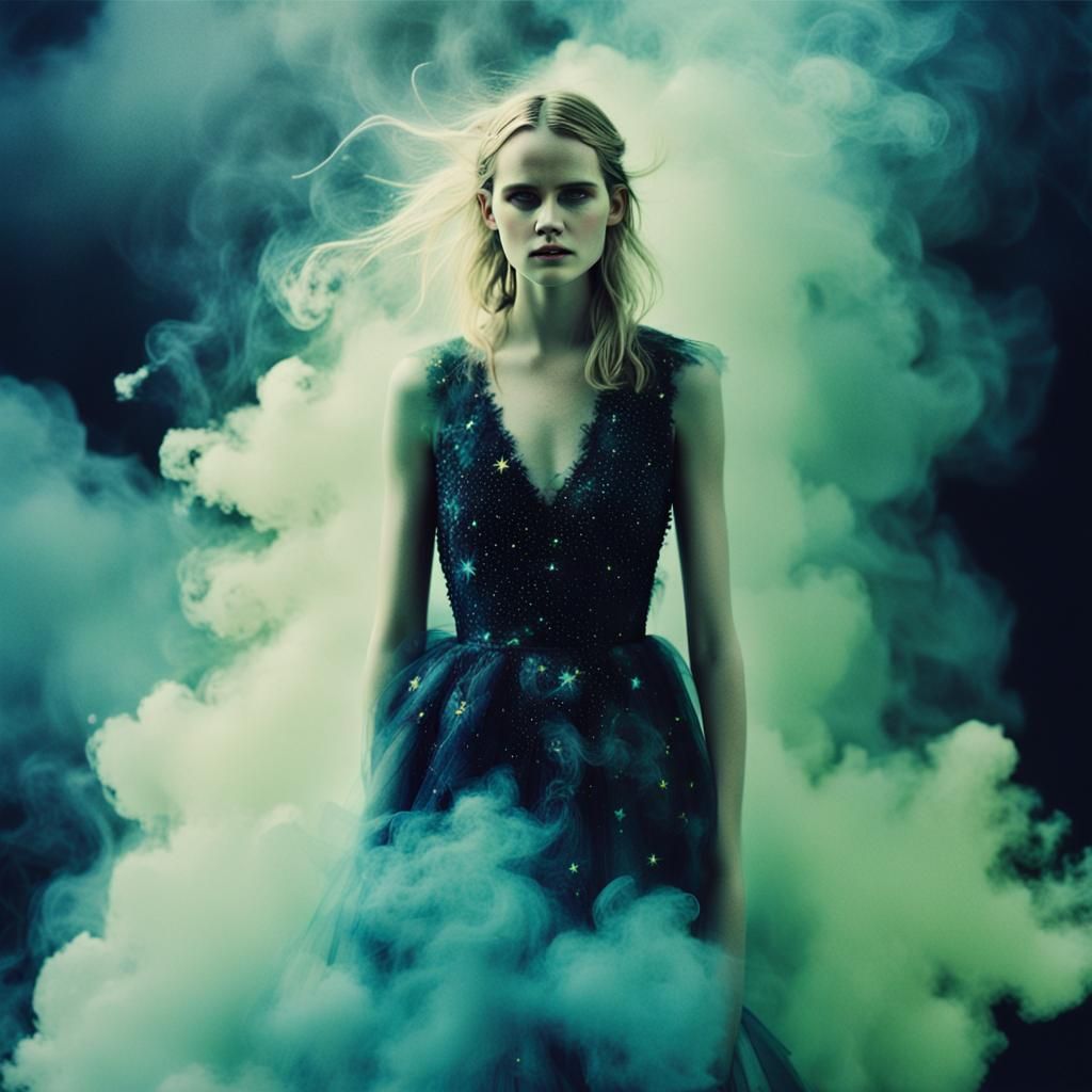 Ethereal Portrait: Woman Merging with Smoke and Stars