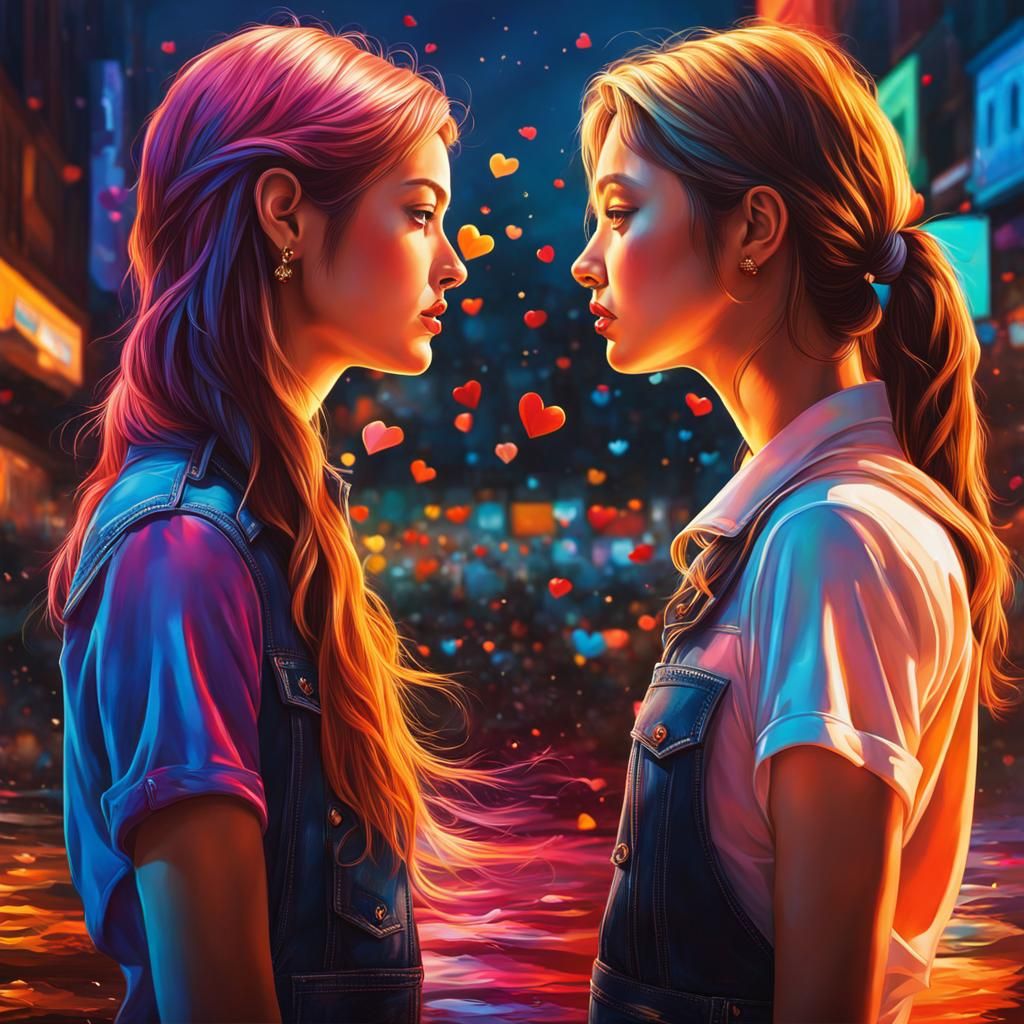 Two Girls in Love: Hyperrealistic Splash Art