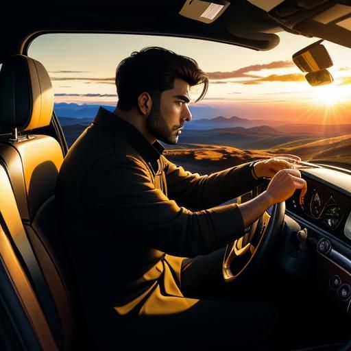 Contemplative Man Overlooking Sunset Landscape as Oil Painti...