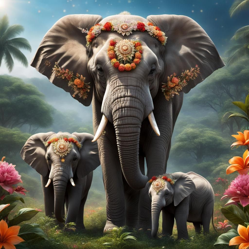 Elephant Family in Tropical Paradise: 8k Masterpiece
