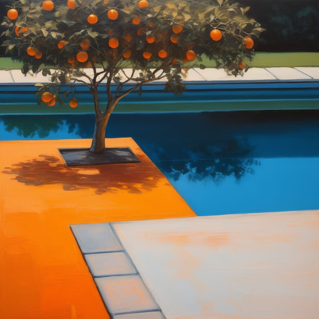 Orange Tree by Pool: Color Field Painting