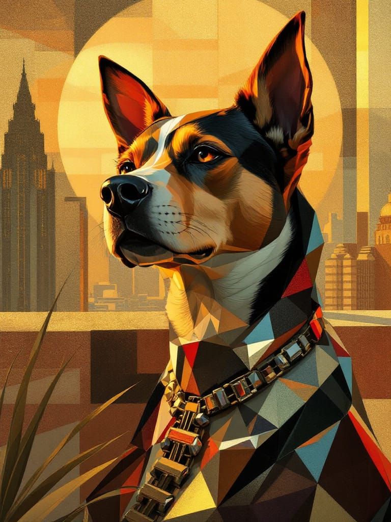 Art Deco Dog in Golden Hour Sun, Geometric Style