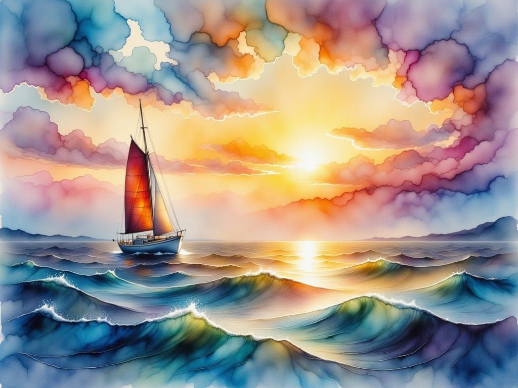 Serene Sunset Sailboat in Ethereal Watercolor