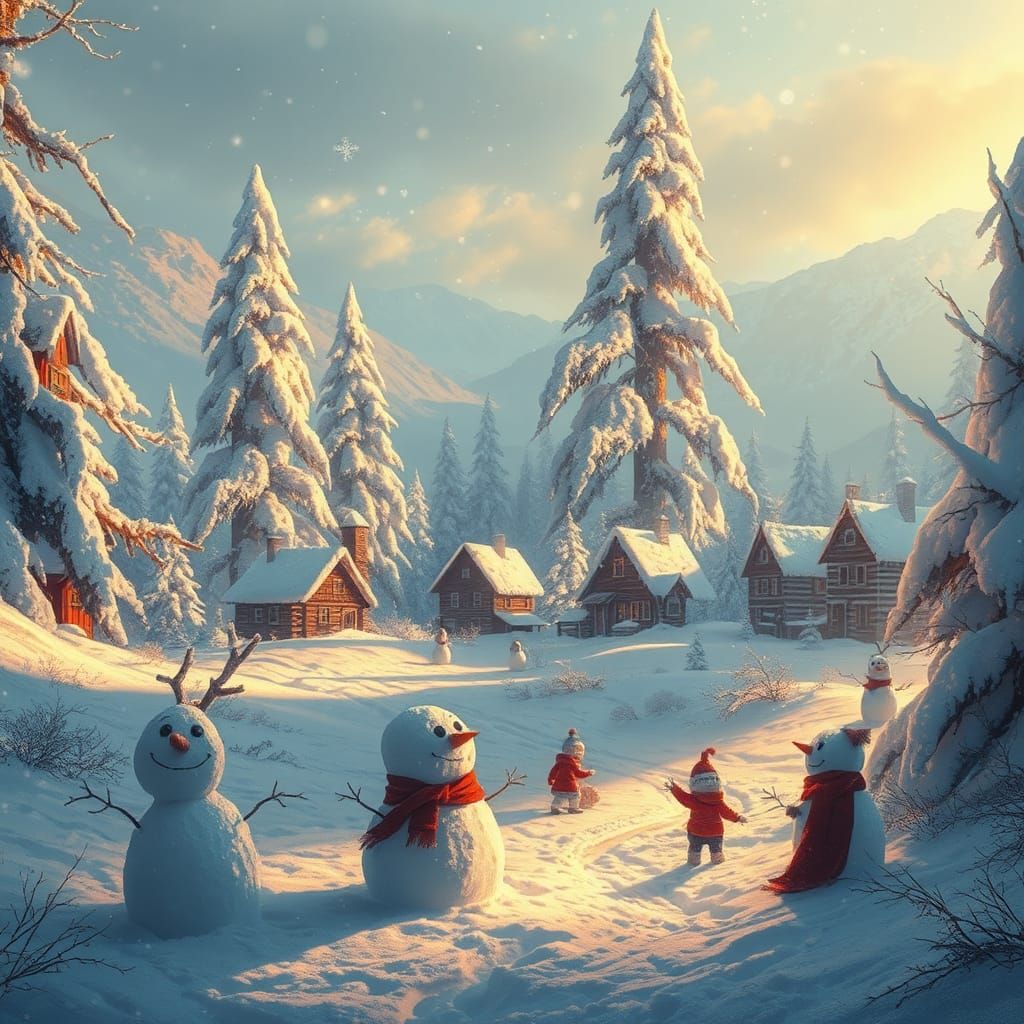 Enchanting Snowy Village Scene in Digital Painting Style