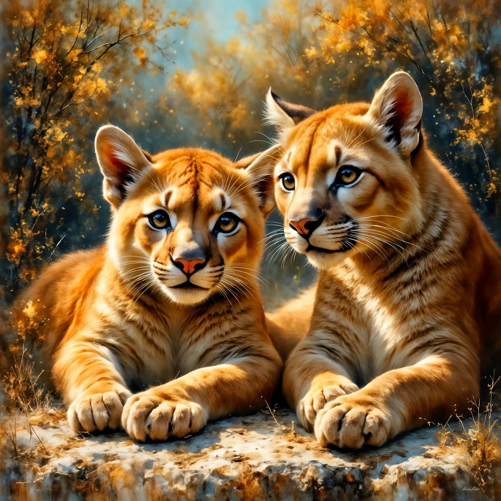 Two Mountain Lions Relaxing in the Sun