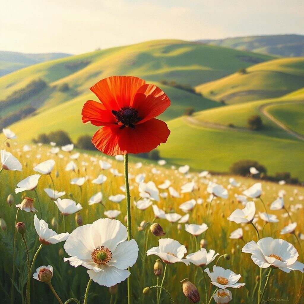 Delicate White Poppies Surround a Vibrant Red Poppy of Sacri...