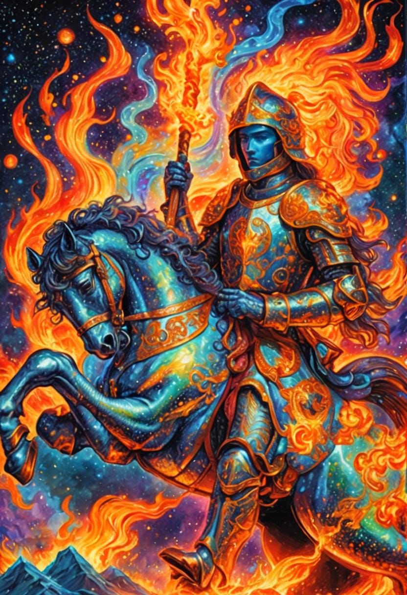 Fiery Knight on Horseback in Abstract Astral Illustration