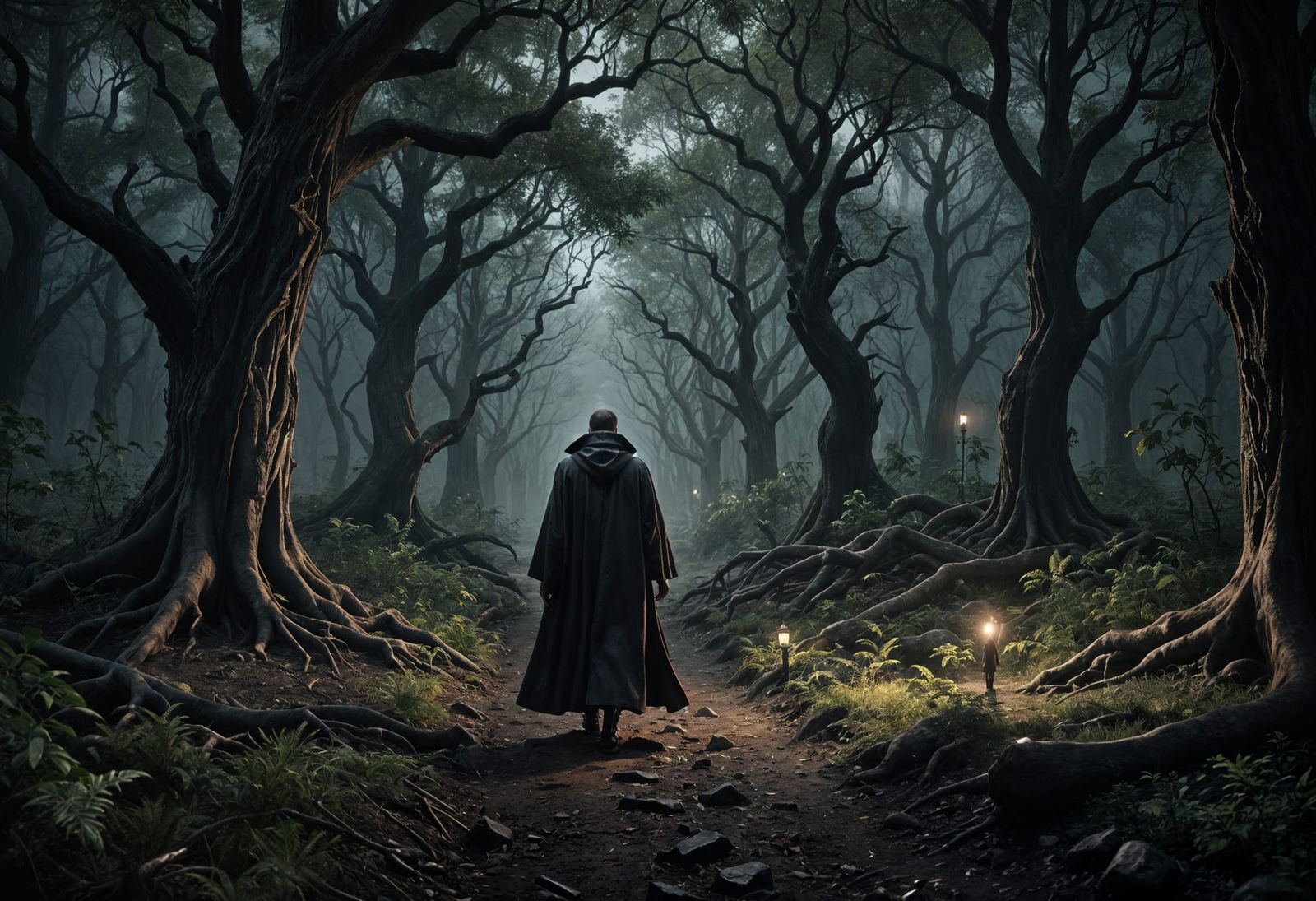 Vampire in Dark Forest Trail at Night