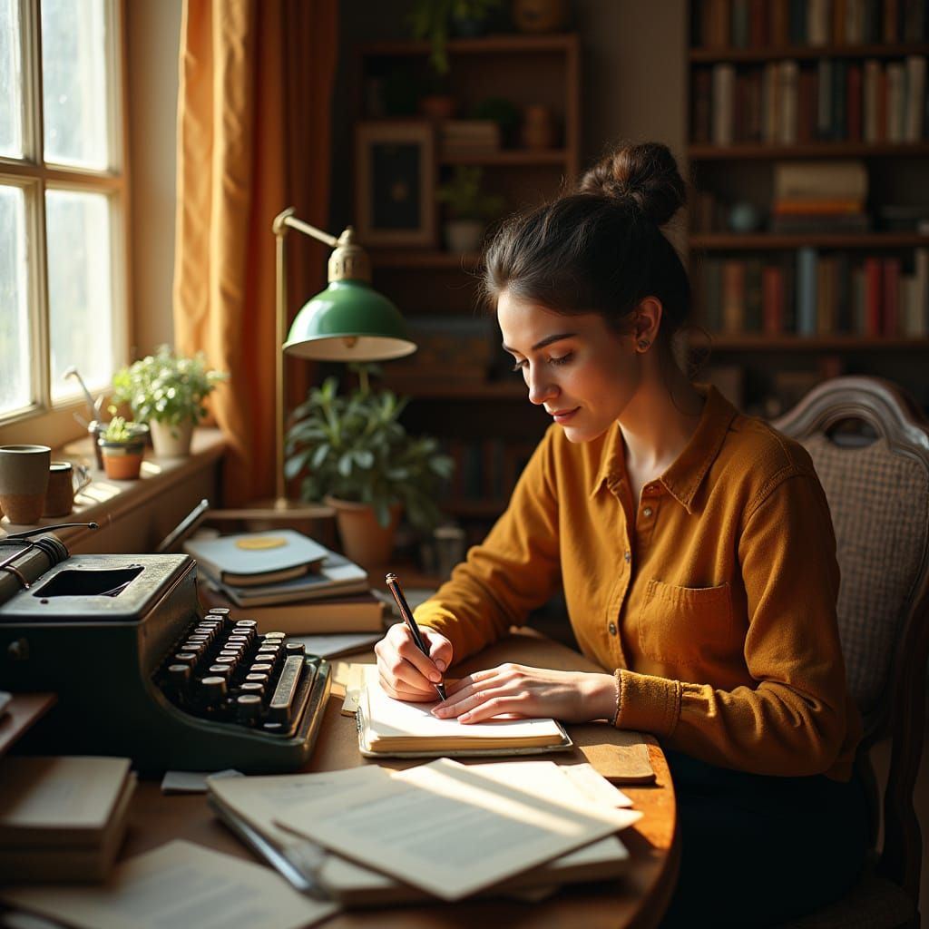 Saman in Whimsical Study Surrounded by Vintage Typewriters