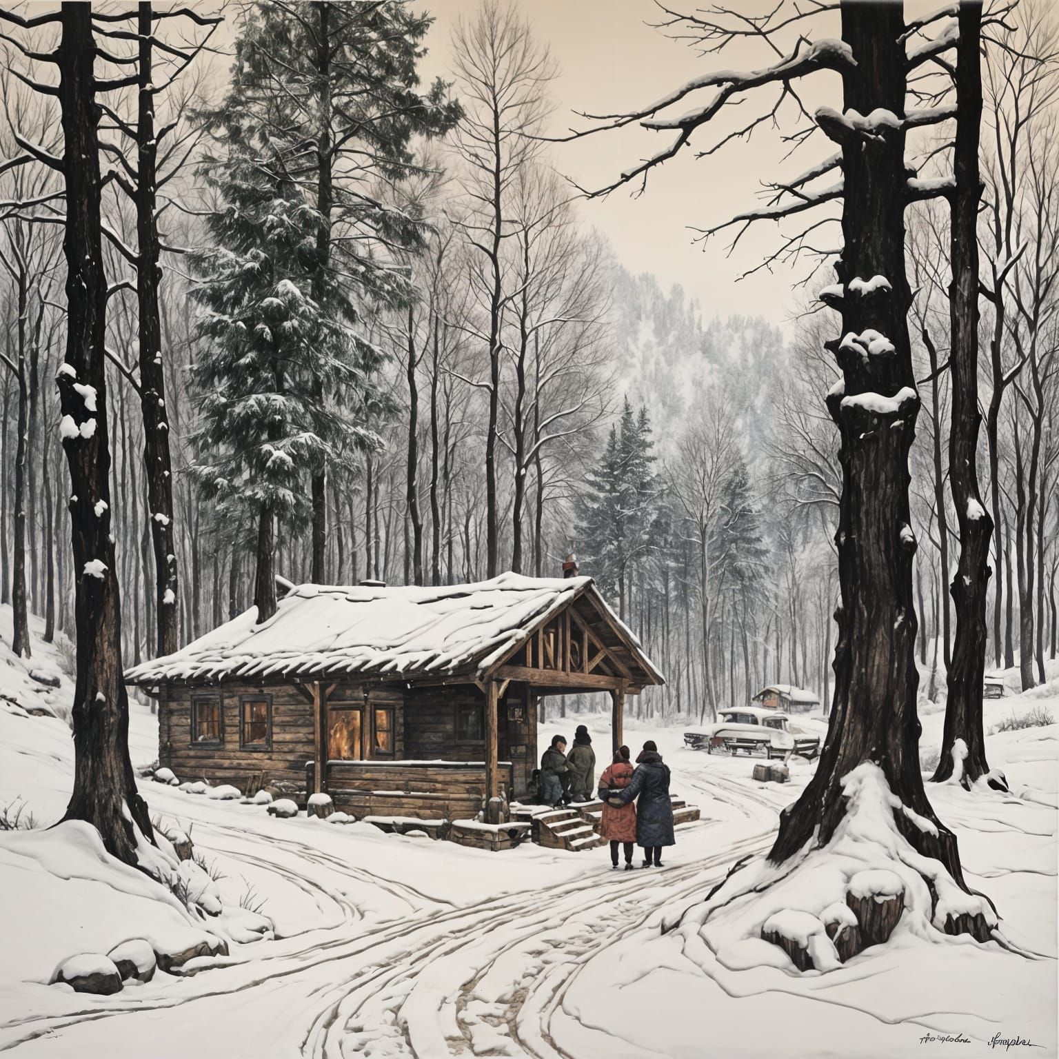 Cozy Winter Wonderland Scene in Hyperdetailed Charcoal Drawi...